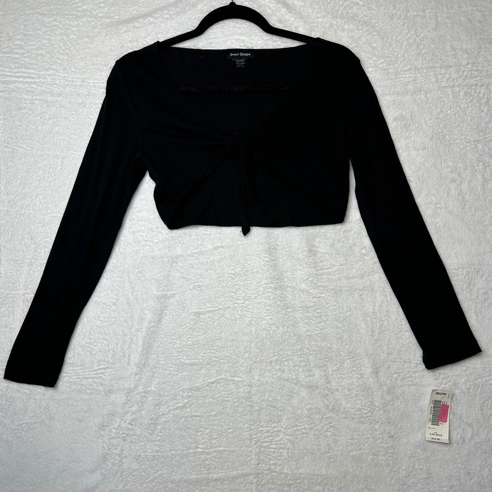 Great Escape Y2K NWT Tie Front Crop Top Girls L 14/16 Black Long Sleeve